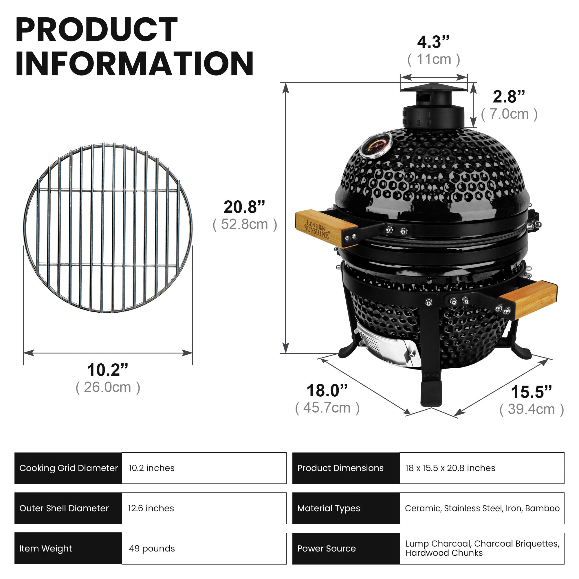 Upgraded 13 inch Ceramic Kamado Grill with Waterproof Air Vent Cap | Portable Tabletop Charcoal BBQ Grill Smoker for Outdoor Cooking, Patio, Camping