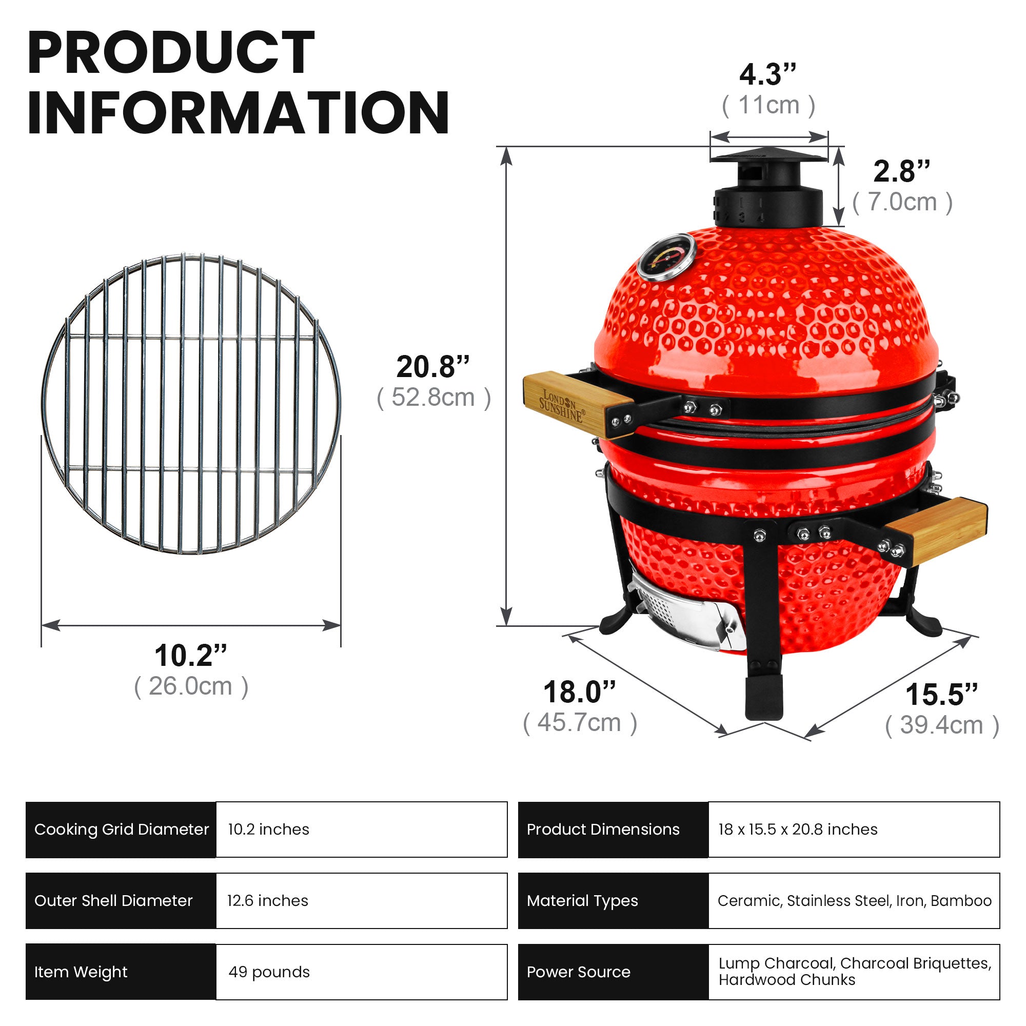 Upgraded 13 inch Ceramic Kamado Grill with Waterproof Air Vent Cap | Portable Tabletop Charcoal BBQ Grill Smoker for Outdoor Cooking, Patio, Camping