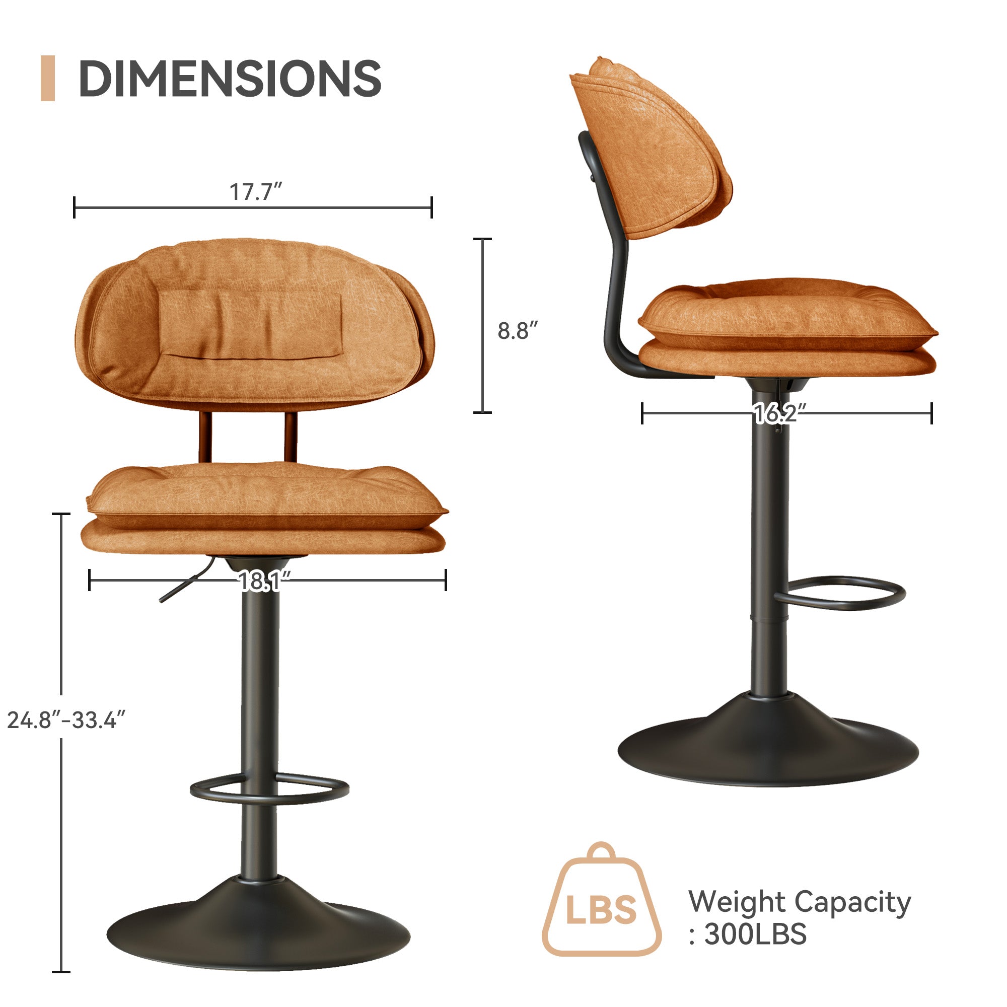 Premium Soft Cushioned Bar Stools Set of 2 – Ergonomic Double-Layer Design, Adjustable Height & 360° Swivel, Lumbar Support, Up to 300 lbs Weight Capacity, for Kitchen Island (Orange, Set of 2)