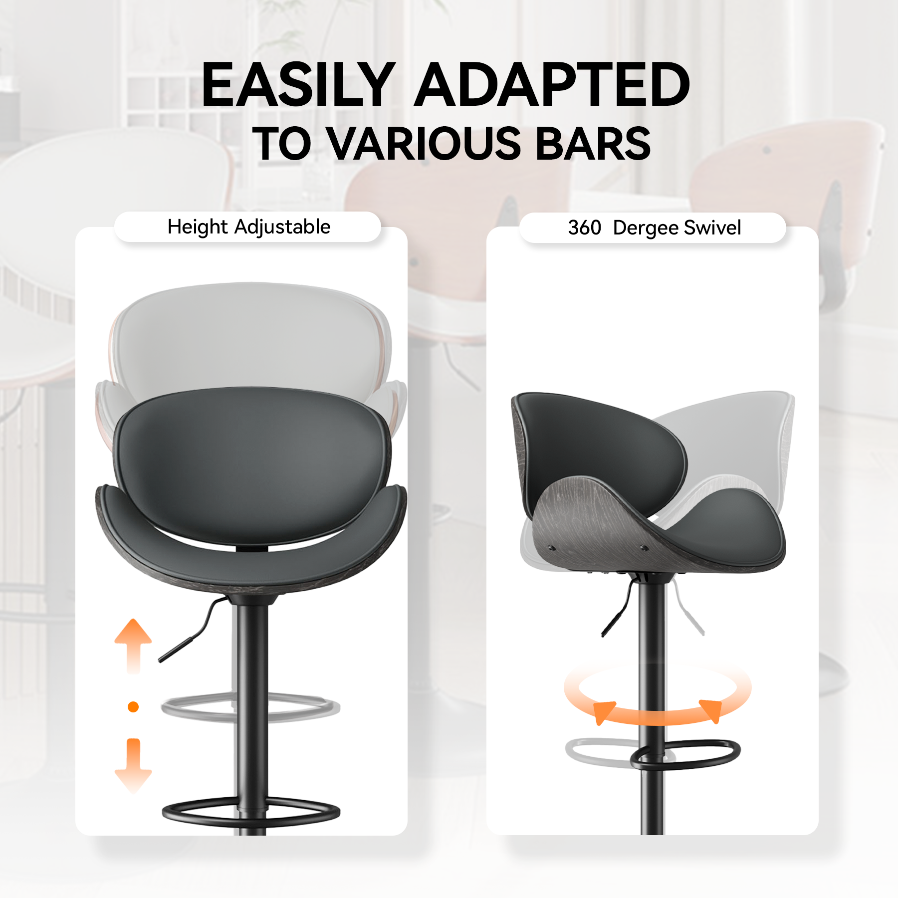 Adjustable Height Swivel Bar Stools - Modern Design with Comfortable Padded Seat and Ergonomic Backrest for Kitchen, Dining Room, and Home Bar (White, Set of 2)